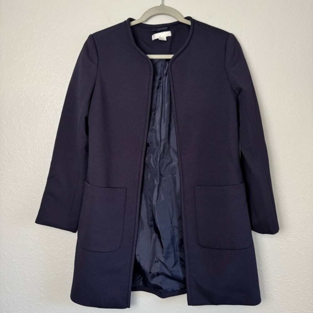 H&M navy blue waffle long coat blazer pocket open front 6